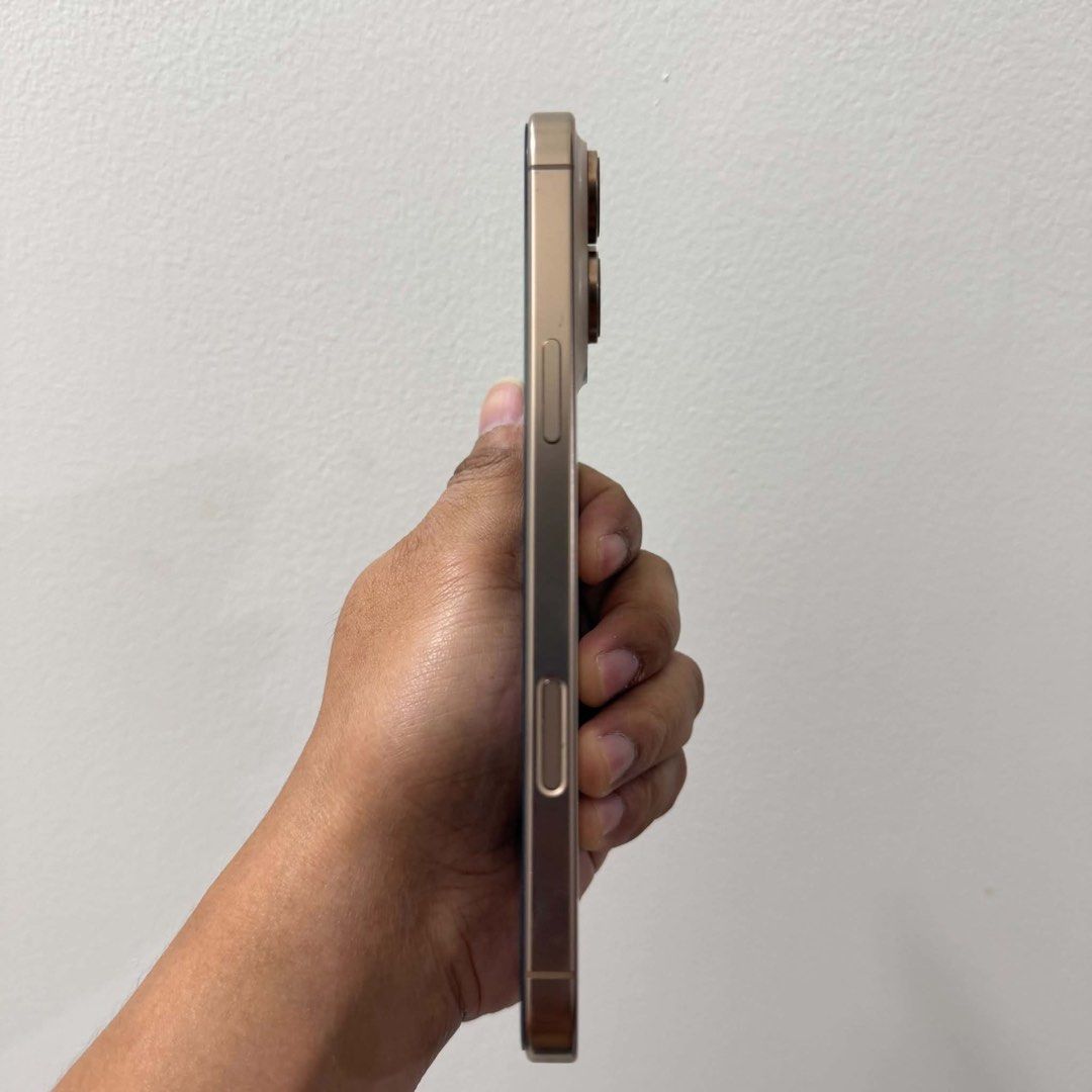 iPhone 16 Pro Max 256GB – Desert Titanium (Category: iPhone 16 Series) located in Bacoor. Submitted by jethrocaorong (Listing ID 1468478096, Image 3). Description: * 256GB Storage * Desert Titanium * 89% Battery Health * 845 Cycle Count * Battery Condition: Normal * Physical SIM + eSIM variant * No iCloud lock * All functions working * No dents or scratches * Complete with original box Inclusions: * iPhone 16 Pro Max * Original box Price is sligh
