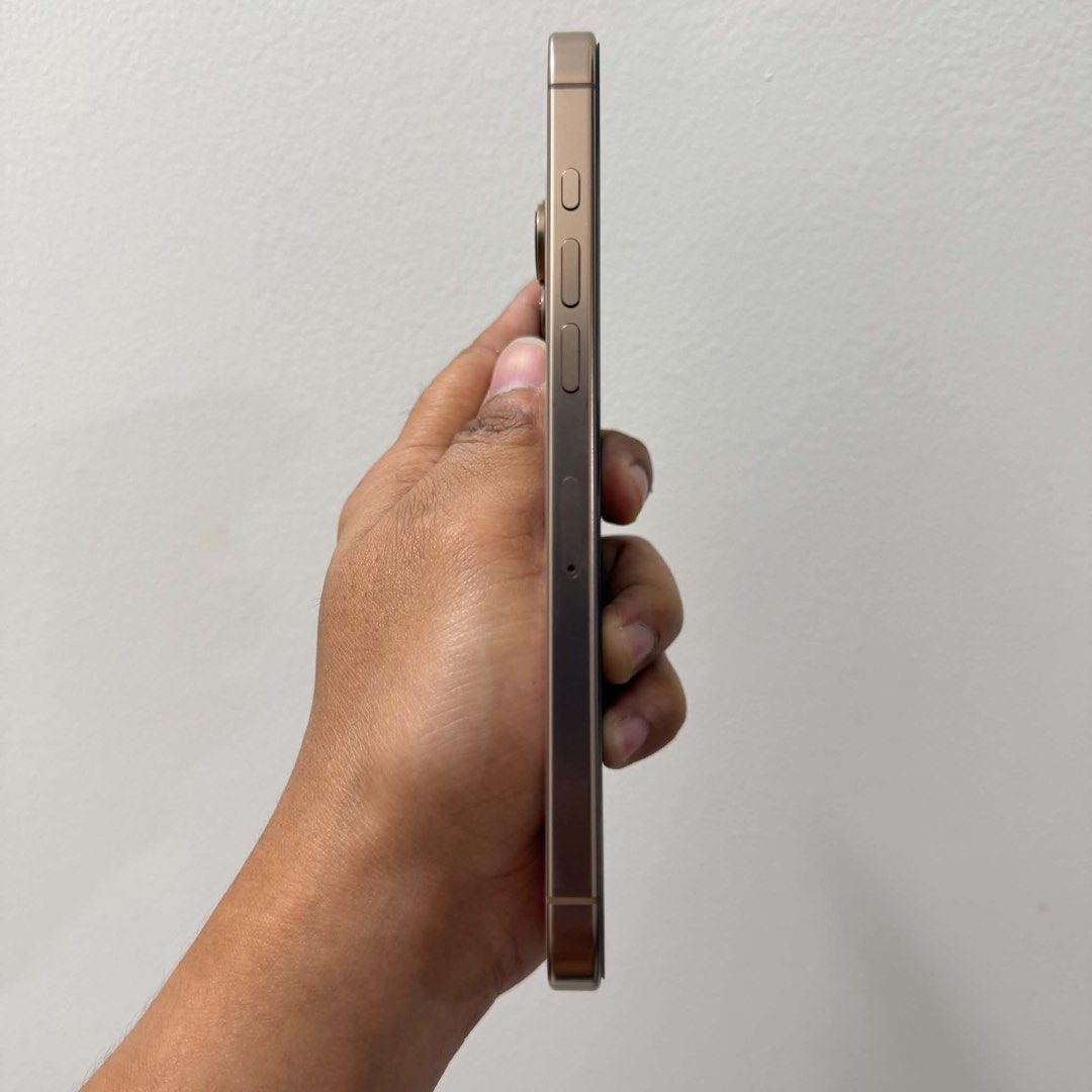 iPhone 16 Pro Max 256GB – Desert Titanium (Category: iPhone 16 Series) located in Bacoor. Submitted by jethrocaorong (Listing ID 1468478096, Image 2). Description: * 256GB Storage * Desert Titanium * 89% Battery Health * 845 Cycle Count * Battery Condition: Normal * Physical SIM + eSIM variant * No iCloud lock * All functions working * No dents or scratches * Complete with original box Inclusions: * iPhone 16 Pro Max * Original box Price is sligh