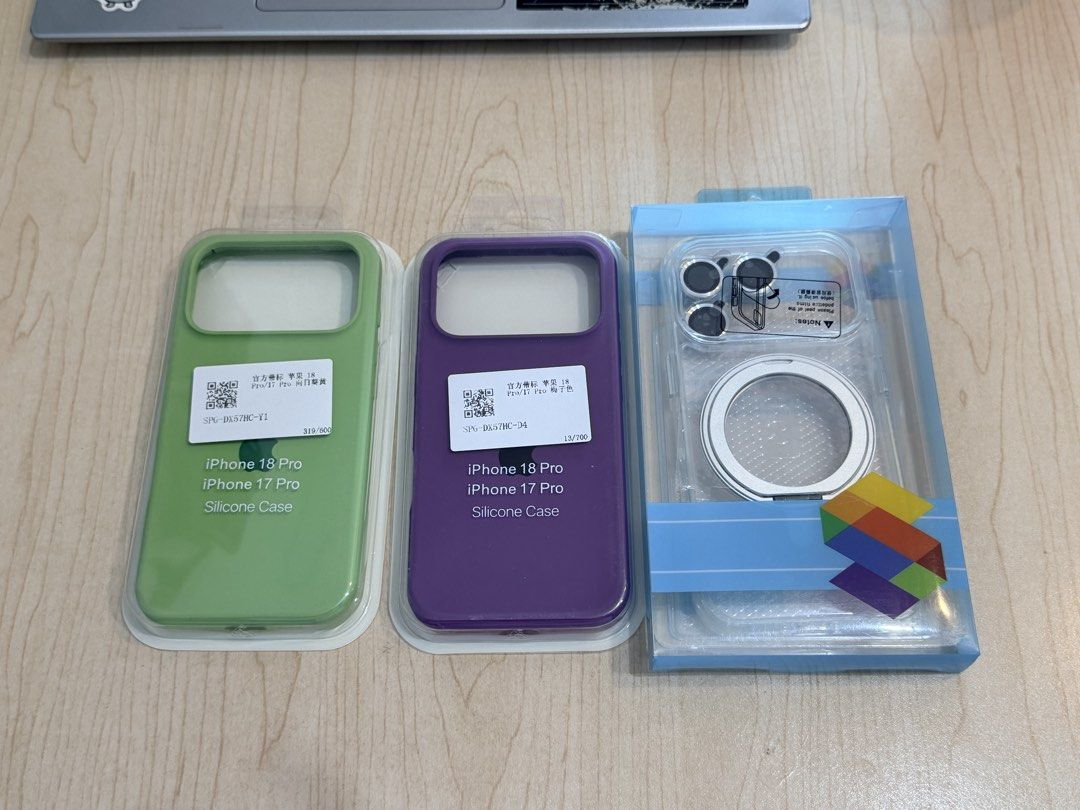 Iphone 17 Pro Case (Category: Cases & Sleeves) located in Mandaluyong City. Submitted by denissearci (Listing ID 1468319480, Image 1). Description: Green Silicone Case - 99 Purple Silicone Case - 99 Thick Clear Case with 360 degree stand/grip and 3 camera lenses - 299.