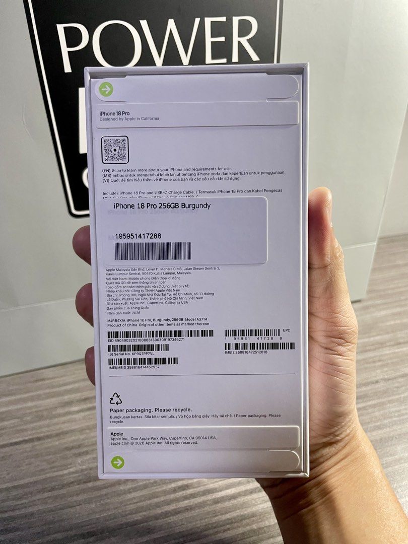 Iphone 18 Pro 256gb NTC approved (Category: iPhone 18 Series) located in Manila. Submitted by jonn1 (Listing ID 1468420018, Image 2). Description: - Apple iPhone 18 Pro - Storage: 256GB - Color: Burgundy - NTC Approved (Local Unit), - NOT HK Variant - bought from power mac center - price lower than SRP (more savings) - Brand New, Sealed in Box - Inclusions: Original packaging with USB-C charge cable and accessory bundle - will include freebies fr