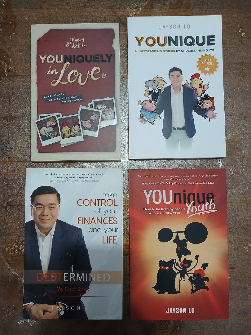 Jayson Lo Book Bundle: 4 Books (Category: Storybooks) located in Makati City. Submitted by naysan (Listing ID 1468302155, Image 2). Description: - Bundle of 4 Jayson Lo bestselling books: Younique, Younique Youth, Younique in Love, and Debtermined My Debt Story - Condition: Minor foxing spots on book edges due to storage, but text inside is clean, unmarked, and completely readable - Content: Great read for personal growth, financial management, a