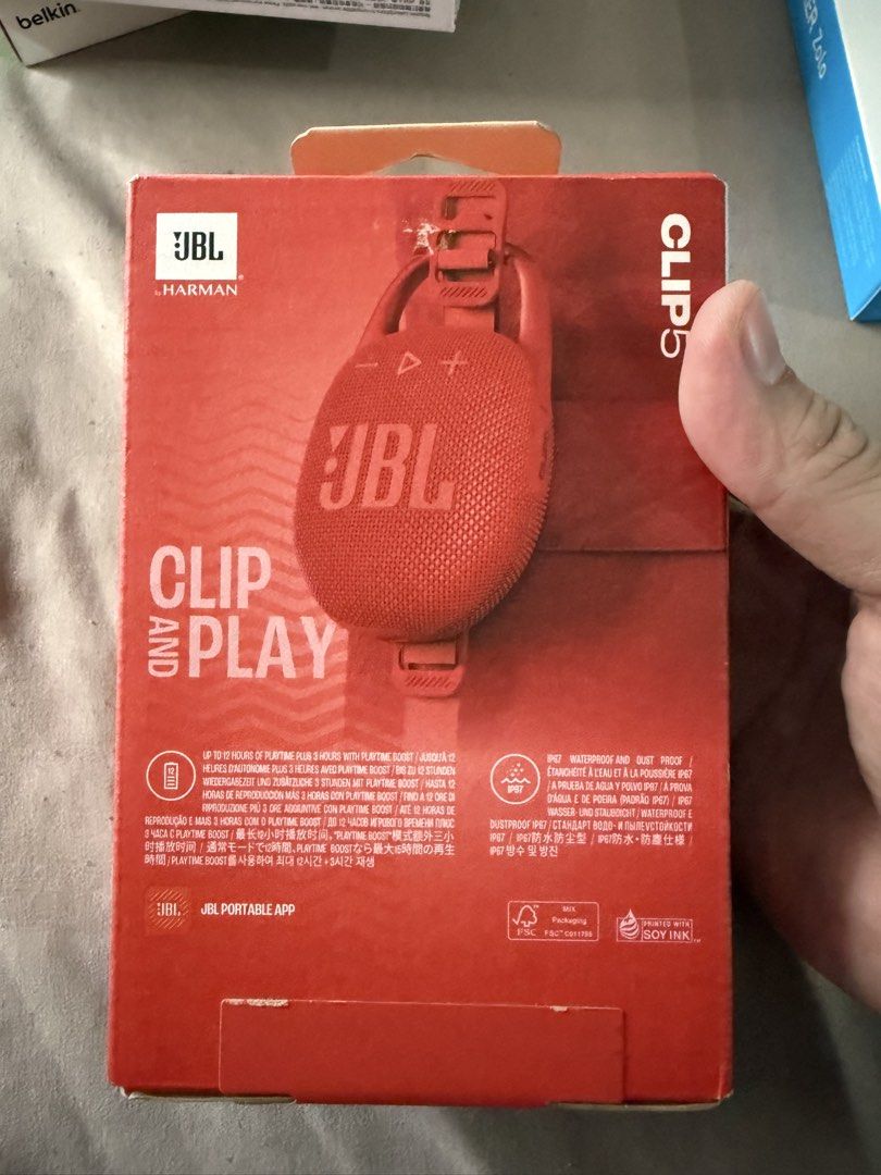 JBL Clip 5 Portable Bluetooth Speaker Red (Category: Soundbars, Speakers & Amplifiers) located in Manila. Submitted by pappypao (Listing ID 1468306145, Image 2). Description: Brand new, still in original retail box - Color: Vibrant Red - Bluetooth v5.3 ready for stable pairing - IP67 waterproof and dustproof (beach and hike ready!) - Up to 12 hours playtime + 3 extra hours with Playtime Boost - Compact design with upgraded integrated carabiner cl