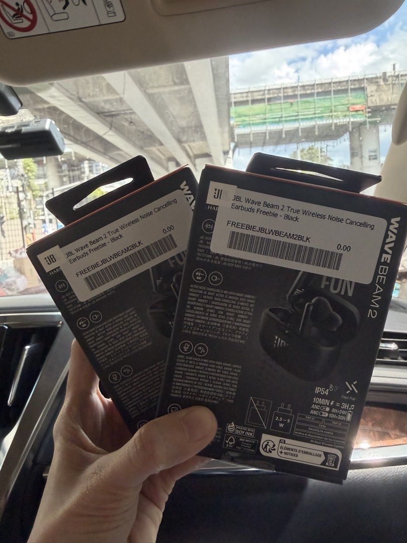 JBL Wave Beam 2 True Wireless Earbuds (Category: Earphones) located in Mandaluyong City. Submitted by minebynhez (Listing ID 1468320657, Image 2). Description: - Brand: JBL - Model: Wave Beam 2 True Wireless Earbuds - Quantity: 2 boxes - Colour: Black - Condition: Brand new, unopened retail packaging on hand - Active Noise Cancelling & Smart Ambient technology - Up to 40 hours total battery life with fast charging - IP54 water and dust resistance