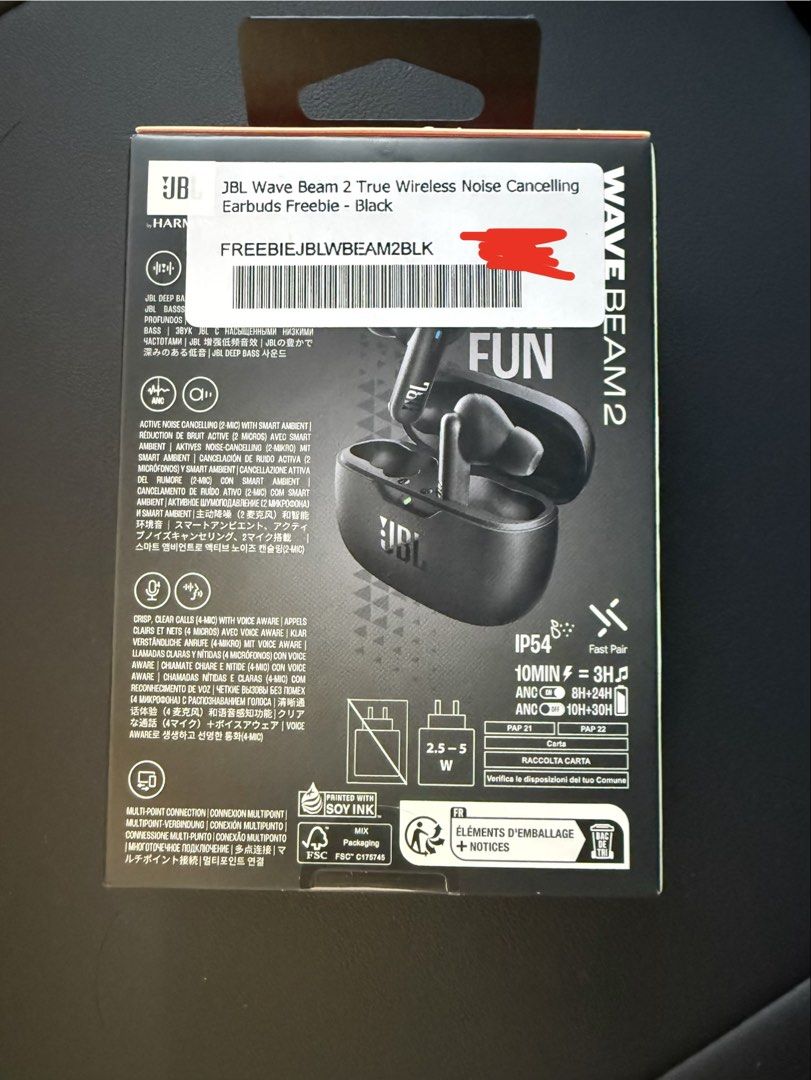 JBL Wave Beam 2 True Wireless Noise Cancelling Earbuds (Category: Earphones) located in Manila. Submitted by raki_01 (Listing ID 1468343309, Image 2). Description: Retail goes for 3,300 pesos Brand new, factory-sealed JBL Wave Beam 2 wireless earbuds (Black) - Active Noise Cancelling & Smart Ambient mode - Up to 40 hours total battery life with charging case - IP54 water and dust resistant for active use - 4-mic technology with VoiceAware for cri