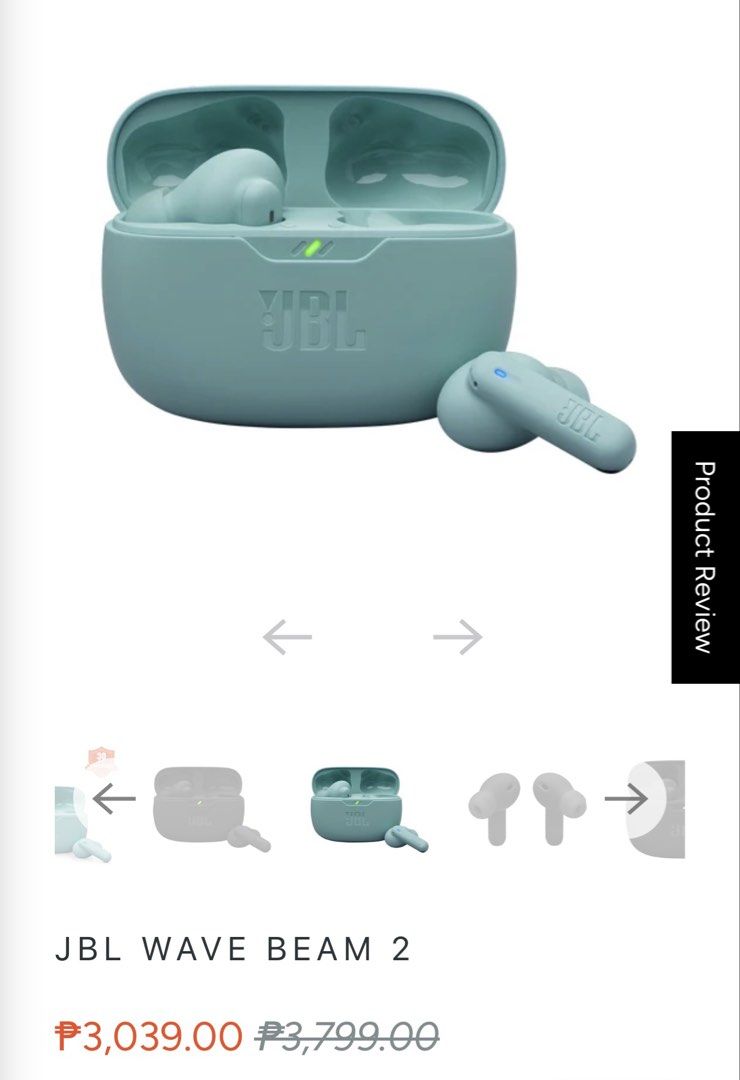 JBL Wave Beam 2 True Wireless Earbuds (Category: Earphones) located in Valenzuela. Submitted by ohhitslala (Listing ID 1468377627, Image 3). Description: - Model: JBL Wave Beam 2 Wireless Earbuds - Color: Mint Green - Condition: Brand new, unused, fresh out of the packaging with original retail box included - Features: Active Noise Cancelling (ANC), crisp sound quality, and clear calls - Battery: Long-lasting battery perfect for workouts, commute