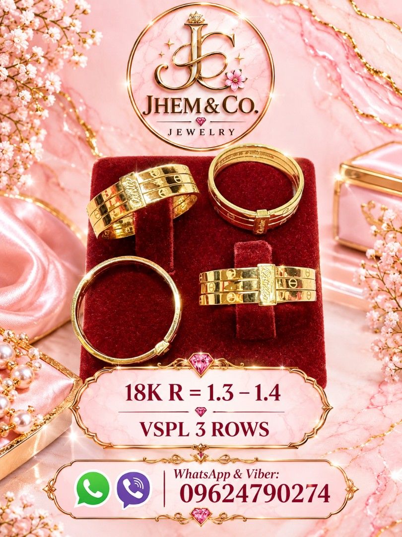 Jhem & Co. 18K VSPL 3 Rows Ring (Category: Rings) located in Marikina City. Submitted by jhem.andcojewelry (Listing ID 1468498363, Image 1). Description: - Brand: Jhem & Co. - Material: 18K Gold - Design: Classic 3-rows ring with intricate stamped details - Size/Measurement: 1.3 to 1.4 - Condition: Brand new and authentic .