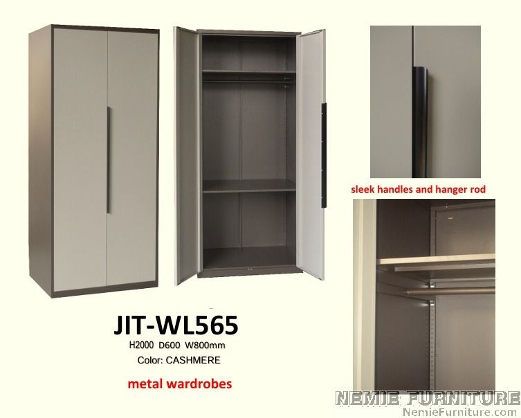 JIT-WL565 Metal Wardrobe Cabinet (Category: Shelves, Cabinets & Racks) located in Quezon City. Submitted by nemiefurniture (Listing ID 1468357967, Image 1). Description: - Model: JIT-WL565 - Color: Cashmere with sleek black vertical handles - Dimensions: Height 2000mm x Width 800mm x Depth 600mm - Material: Sturdy and durable steel build - Interior Layout: 1 top shelf, 1 hanger rod, and 1 lower shelf - Customization: Adjustable shelf heights via 