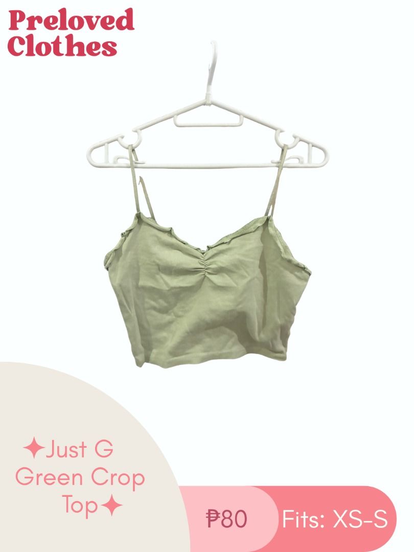 Just G Green Crop Top (Category: Sleeveless) located in Talisay. Submitted by garage.ia (Listing ID 1468385895, Image 1). Description: - Brand/Style: Just G green crop top - Fit: Best fits XS to S frames - Material: Soft and stretchy fabric - Details: Thin spaghetti straps, lettuce hem neckline, ruched center front bust - Condition/Use: Great basic piece for casual everyday outfits.