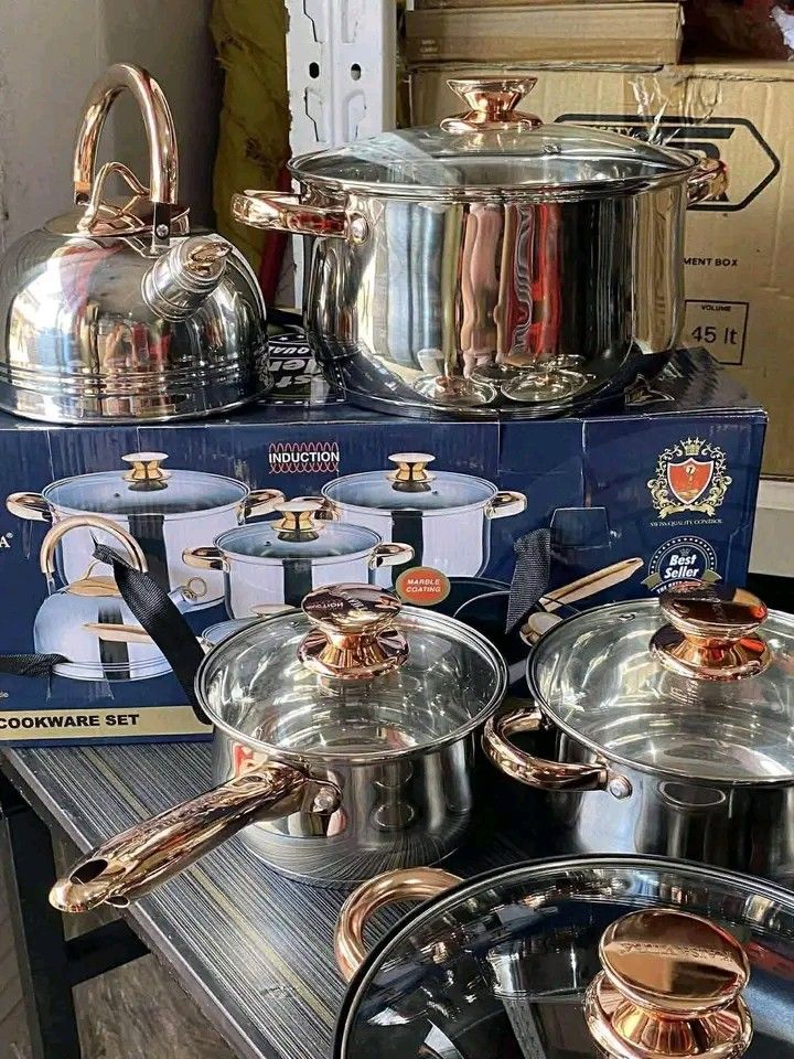 KAISAVILLA COOKWARE SET (Category: Cookware & Accessories) located in Manila. Submitted by berdenmarl01688 (Listing ID 1468483887, Image 1). Description: - Complete 12-piece Kaisa Villa cookware set - Shiny stainless steel finish with elegant rose gold handles and knobs - Induction-compatible bottoms for all pieces - Includes multiple pots with glass lids, a marble-coated frying pan, and a whistling kettle - Comes with the original blue storage b