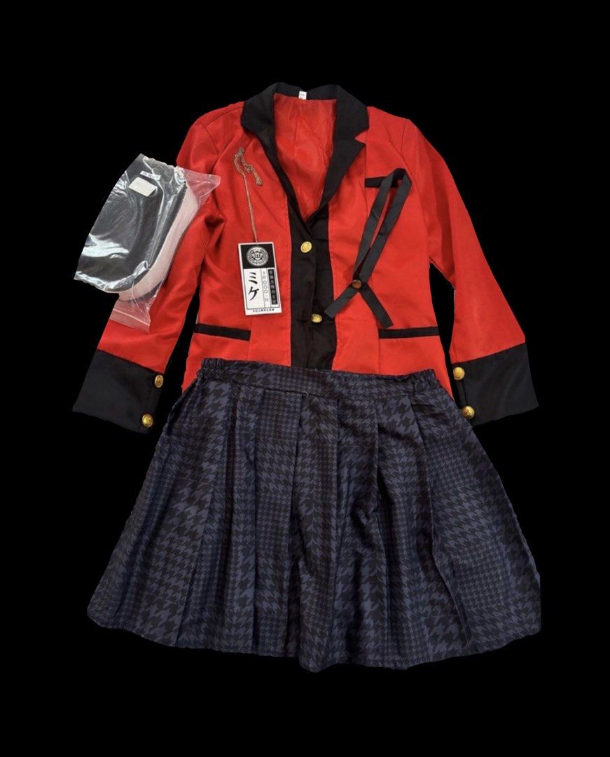 Kakegurui Mashou Cosplay Uniform with Wig Set (Category: Sets or Coordinates) located in Tuguegarao City. Submitted by in.her.prime (Listing ID 1468378898, Image 1). Description: - XL on tag but fits on Large - Last Price posted - Kakegurui cosplay set with black wig - Includes red blazer, pleated skirt, black tie and chain necklace.