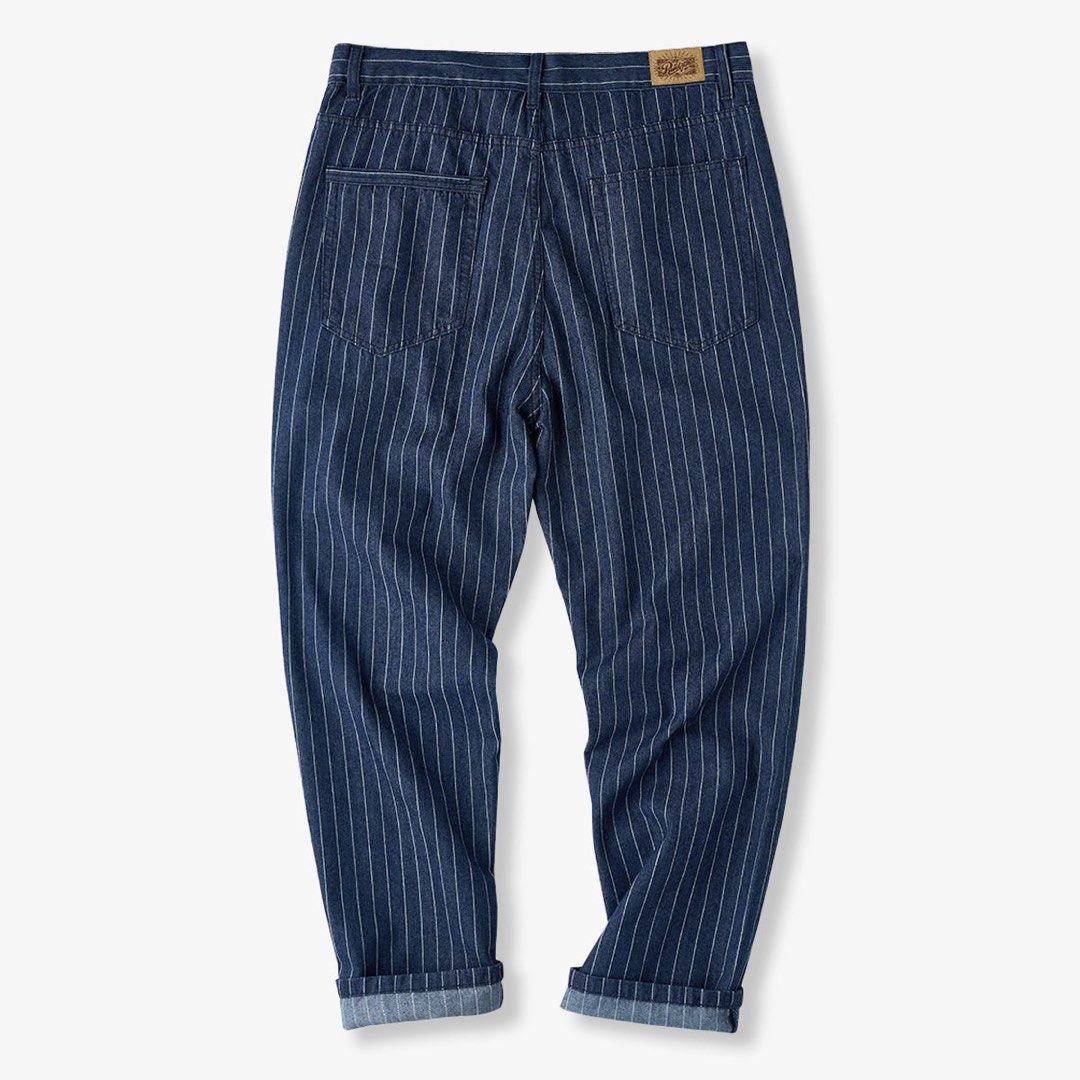 KARAKU Wabash Striped Work Pants (Category: Jeans) located in Puerto Princesa. Submitted by terdsthrift (Listing ID 1468388396, Image 3). Description: KARAKU Wabash Striped Work Pants Waist: 36 Length: 40 Thigh: 13.5 Hem: 8 In Excellent Condition / No Issue Color Rate: 10/10 - Brand/Model: Okonkwo Denim Trousers - Color: Dark blue with white vertical pinstripes - Size: Tagged size 33 - Material: 100% heavyweight cotton - Fit: Mid-rise waist, rela
