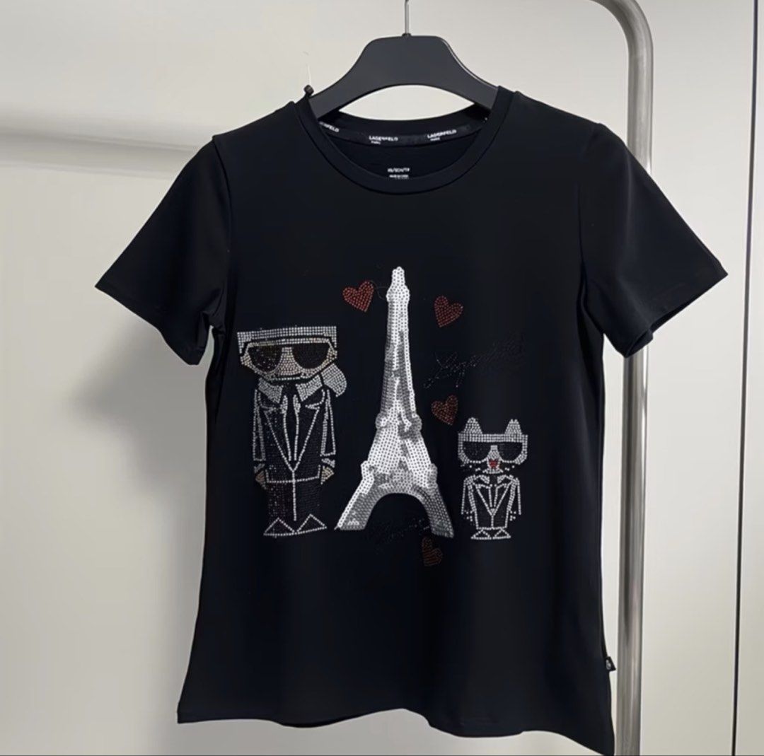Karl shirt (Category: Blouses) located in Lucena. Submitted by classy_chanel (Listing ID 1468312833, Image 1). Description: Brand: Karl Lagerfeld Paris Color: Black Style: Embellished Graphic Tee Sleeve: Short Sleeve Condition: preloved.