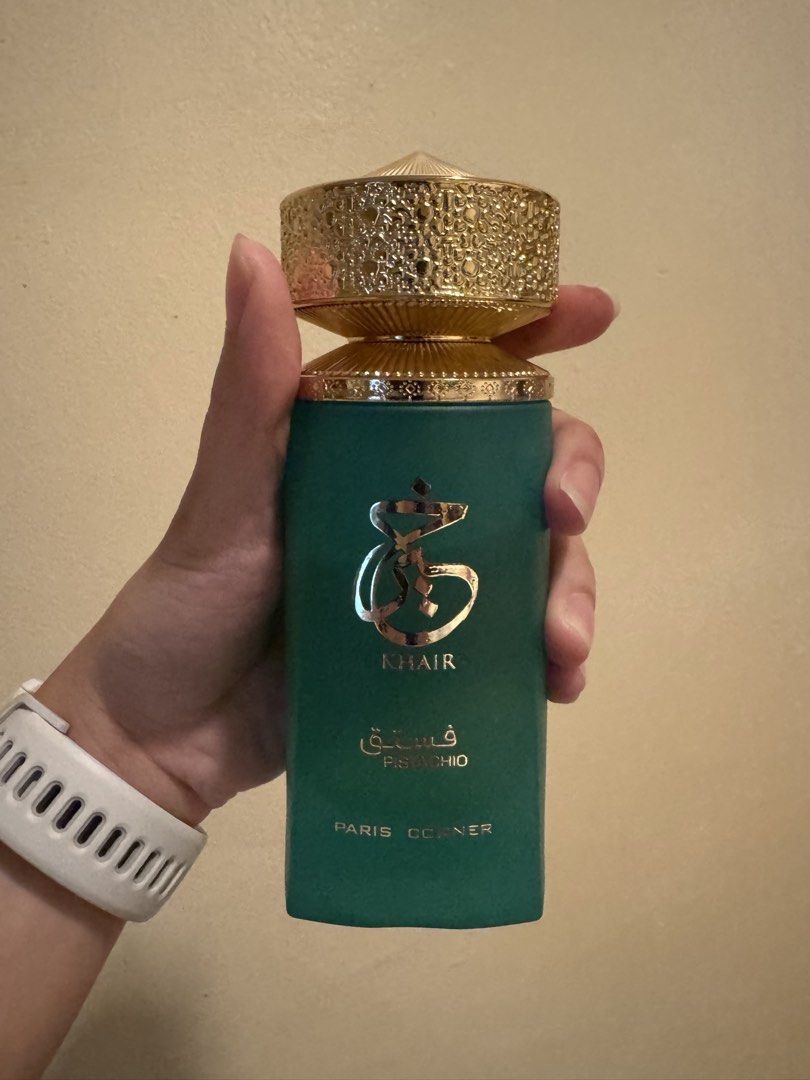 Khair Pistachio Eau De Parfum (Category: Fragrance & Deodorants) located in Muntinlupa City. Submitted by fufuwee (Listing ID 1468396134, Image 1). Description: 70% full Dont reach for it anymore so it has got to go. Selling low because of use and no box included. Purchased from DSB.