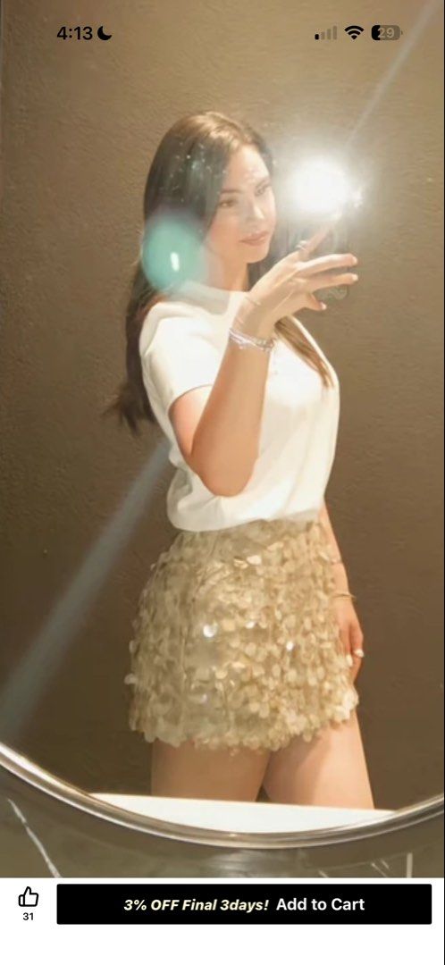 Khaki Sequin mini skirt (Category: Skirts) located in Makati City. Submitted by prelovedbylexie (Listing ID 1468352229, Image 2). Description: - Style: Sparkly gold sequin mini skirt - Fit: High-waisted, short length (non-stretch material) - Occasion: Perfect for parties, clubs, and night outs - Condition: Brand new and super eye-catching!.