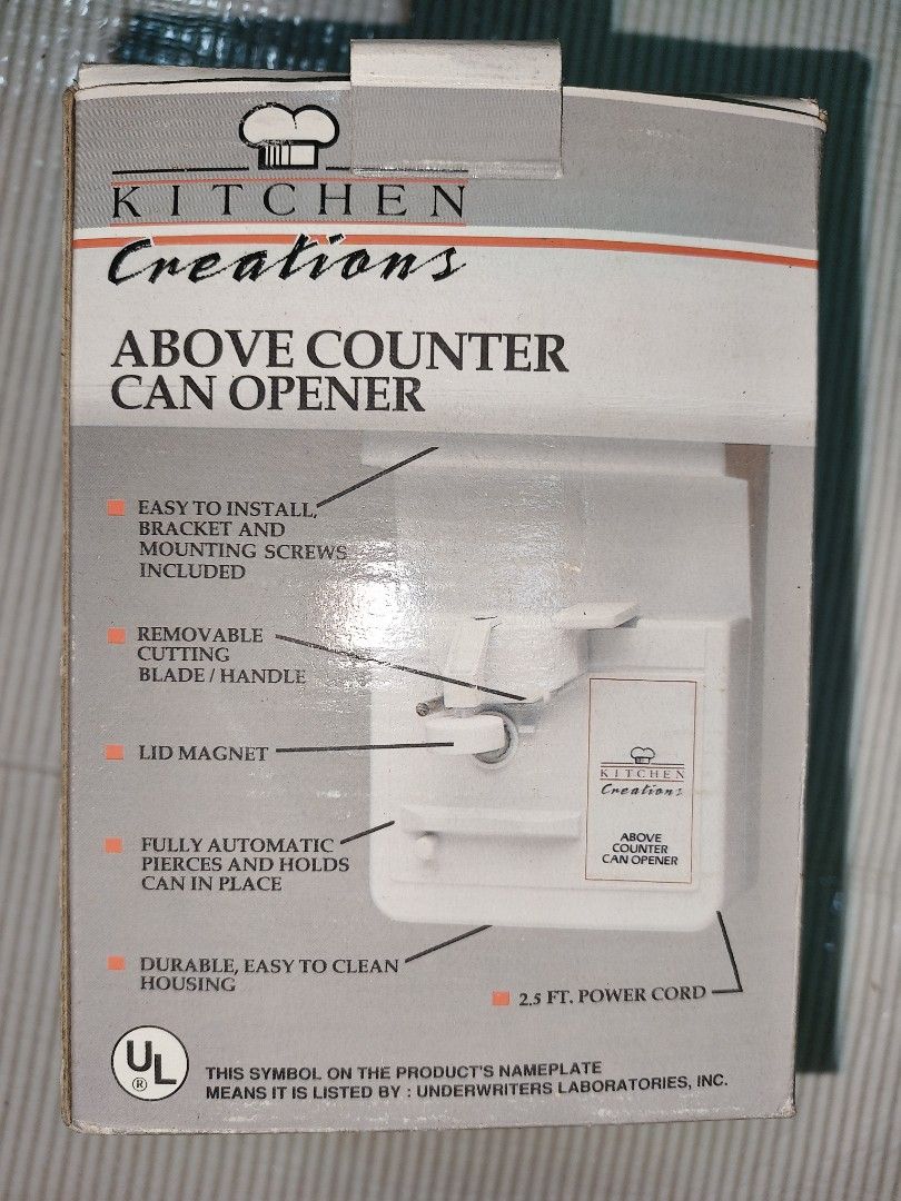 Kitchen Creations Above Counter Can Opener (Category: Cookware & Accessories) located in Manila. Submitted by reascheyss51406 (Listing ID 1468320588, Image 3). Description: - Brand: Kitchen Creations electric can opener in clean white - Space-saving: Mounts easily under cabinets to keep your counters clear - Fully automatic: Effortlessly pierces cans, holds them in place, and includes a handy lid magnet - Easy maintenance: Features a removable cu