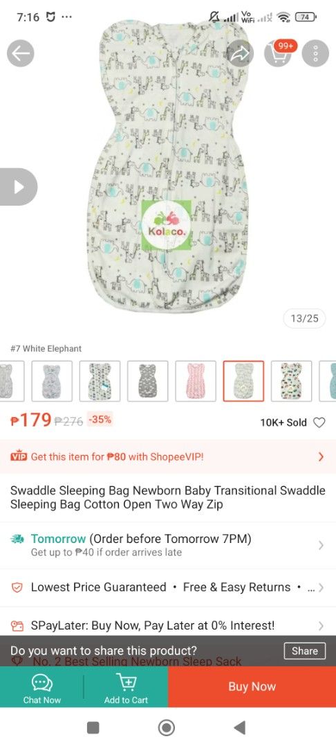 Kolaco White Elephant Swaddle Sleeping Bag Transitional Two Way Zip (Category: Cots & Cribs) located in Cainta. Submitted by akosijoan (Listing ID 1468390834, Image 3). Description: - Cute elephant, giraffe, and yellow star print on a white base with blue accents - Super convenient two-way zipper for hassle-free midnight diaper changes - Soft and breathable cotton fabric keeps newborns cozy and warm all night - Designed for safe transitions and p