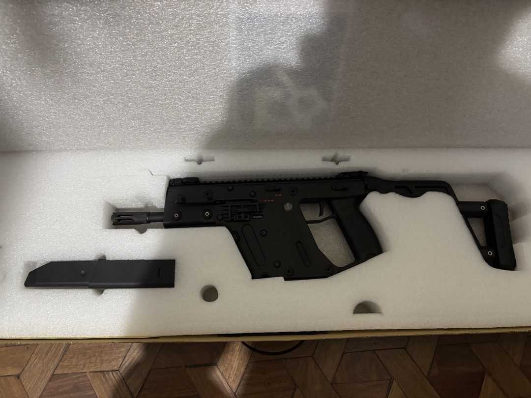 Krytac KRISS Vector Airsoft SMG (Category: Action & Battle Toys) located in Muntinlupa City. Submitted by codegrey (Listing ID 1468453178, Image 2). Description: AEG Airsoft Krytac KRISS Vector submachine gun in classic black Still with original box.
