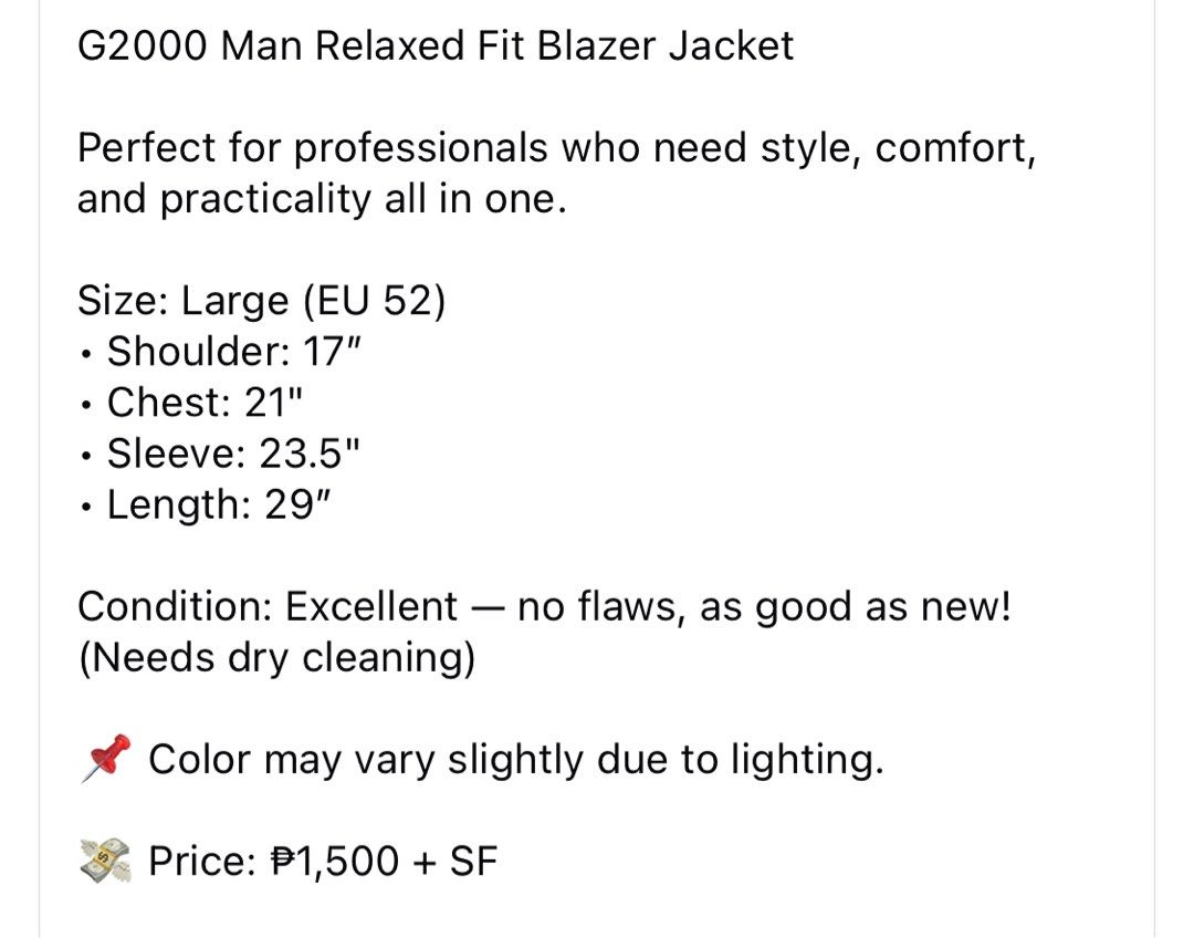 (L) G2000 Man Relaxed Fit Blazer Jacket (Category: Coats, Jackets and Outerwear) located in Bulacan. Submitted by cavalieeeer (Listing ID 1468322593, Image 2). Description: 𝗣𝗟𝗘𝗔𝗦𝗘 𝗥𝗘𝗔𝗗 𝗧𝗛𝗘 𝗗𝗘𝗧𝗔𝗜𝗟𝗦 𝗜𝗡 𝗧𝗛𝗘 𝟮𝗡𝗗 𝗣𝗜𝗖𝗧𝗨𝗥𝗘! We base sizing on actual measurements, not tag size — please check the dimensions before buying! 📌 Prices are fixed. Unreasonable offers will not be entertained. 🌐 Facebook Page: Cavalier 📍 Locat