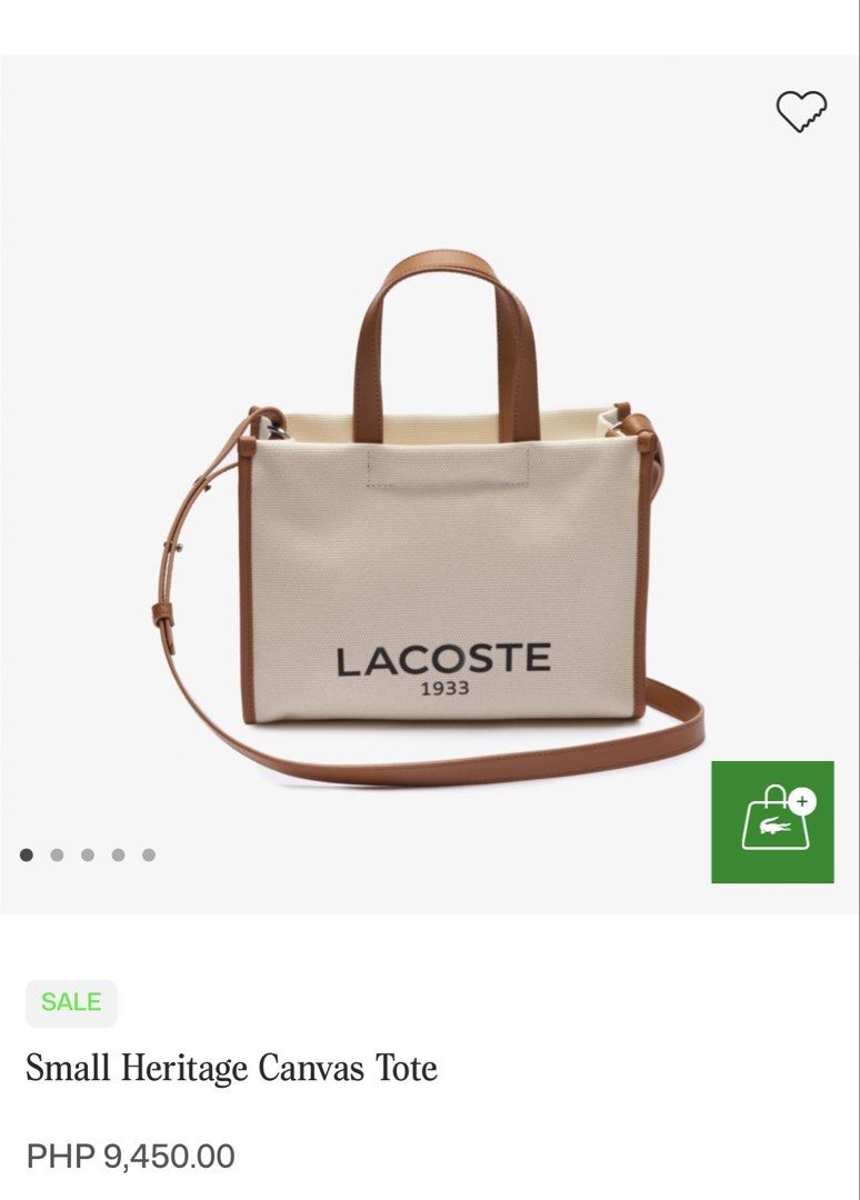 Lacoste Small Heritage Canvas Tote (Category: Tote Bags) located in Makati City. Submitted by annelouisec (Listing ID 1468435704, Image 1). Description: Description: Dimensions: 27cm x 21cm x 12.5cm / 10.6” x 8.3” x 4.9” Cotton outer Zip closure on top Adjustable strap: 107cm / 42” 1 zipped inside pocket Outside: Cotton (100%) SRP Bought: June 2026 Can provide invoice for payment proof. RFS: Selling because I rarely use it anymore :) .