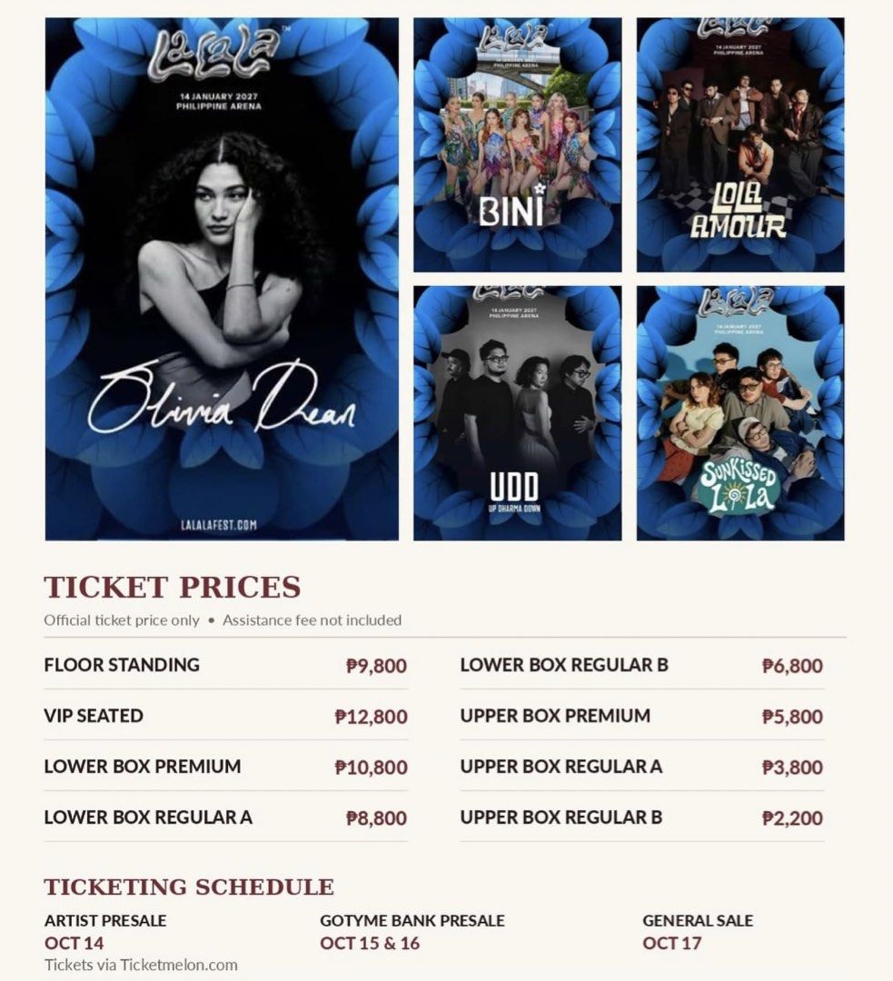 LaLaLa Fest 2027 OLIVIA DEAN - Upper Box Regular A (Category: Events Tickets) located in Quezon City. Submitted by mishymango (Listing ID 1468396039, Image 2). Description: - Date: 14 January 2027 - Venue: Philippine Arena - Section: Upper Box Regular A (Seat 434) - Lineup: Olivia Dean, Bini, Up Dharma Down, Lola Amour, Sunkissed Lola - Authenticity: Bought via official ticketing partner (order confirmation included) - Quantity: 1 ticket availabl