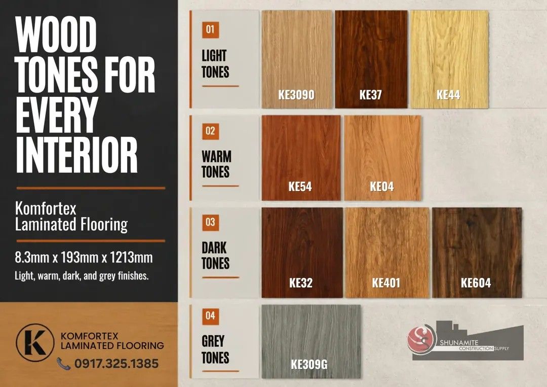 LAMINATED HDF FLOORING (Category: Construction & Building Materials) located in Quezon City. Submitted by shunamite (Listing ID 1468348169, Image 1). Description: Magpapagreen sa ganda ng sahig? Hindi na kailangan gumastos ng malaki! KOMFORTEX Laminated Flooring - 8.3mm x 193mm x 1213mm ✓ Mukhang totoong kahoy ✓ Matibay at hindi madaling magasgas ✓ Madaling linisin ✔️Available now at Shunamite Construction Supply. Inquire now - deliver anywhere! 