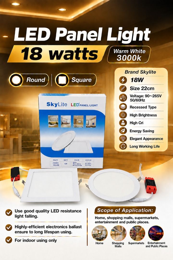 LED Panel Light 18 watts 22cm size (Skylite Brand) (Category: Lighting) located in Manila. Submitted by townlites (Listing ID 1468291532, Image 1). Description: Color: Warm white, White Shape: Round, Square Watts: 18W Size: 22cm Voltage: 85~265V 50/60Hz Use good quality LED resistance light falling. Highly-efficient electronics ballast ensure to long lifespan using. More than 3 times energy saving compare to traditional energy saving bulb Switch 