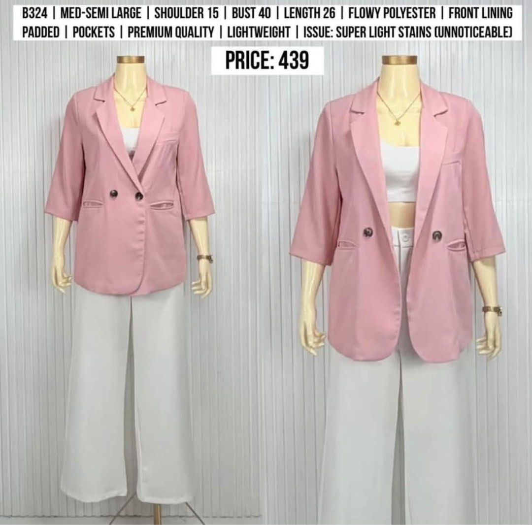 LIGHT PINK BLAZER | MED-SEMI LARGE (Category: Coats, Jackets and Outerwear) located in Manila. Submitted by superizza (Listing ID 1468478927, Image 1). Description: 🌻Location: Paco, Manila. No physical store 🌻Mannequin estimated height: 5’4 🌻Mqnnequin size: Small 🌻Mannequin waist: 23” 🌻Mannequin thigh circumference: 36” 🌻Items are already washed and front steamed, pwede na suotin if di ka maselan. 🌻All items are thrifted (from ukay bales) 