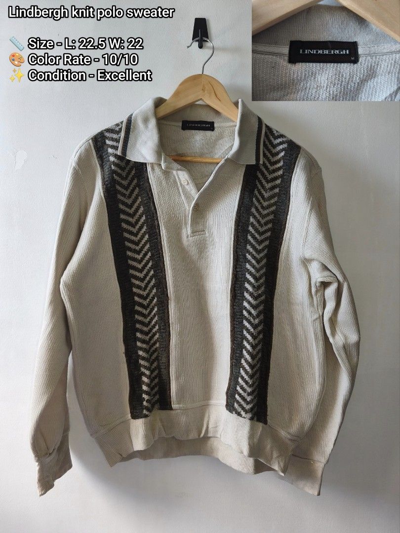 Lindbergh Knit Polo Sweater (Category: Coats, Jackets and Outerwear) located in Manila. Submitted by gelog2 (Listing ID 1468358777, Image 1). Description: - Brand: Lindbergh - Color: Off-white - Design: Vertical chevron patterned stripes on the front - Details: Classic polo collar, button placket, long sleeves with ribbed cuffs and hem - Texture: Soft knit fabric - Measurements: 22.5 inches (length) x 22 inches (width) - Condition: Excellent.