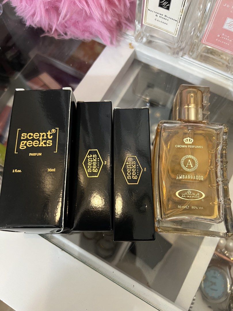 Lot of 4 Perfume Dupes (Category: Fragrance & Deodorants) located in Quezon City. Submitted by yassismom (Listing ID 1468287776, Image 2). Description: 3 Scent Geeks bnew and unused Middle Eastern perf is 70% full all 4 are gifts to me Dupes for: Narciso Rodriguez 30ml, Issey Miyake 10ml, Amazing Grace 10ml Middle Eastern perfume is dupe for MFK Baccarat Rouge 540, — this is almost exact scent and long lasting!.
