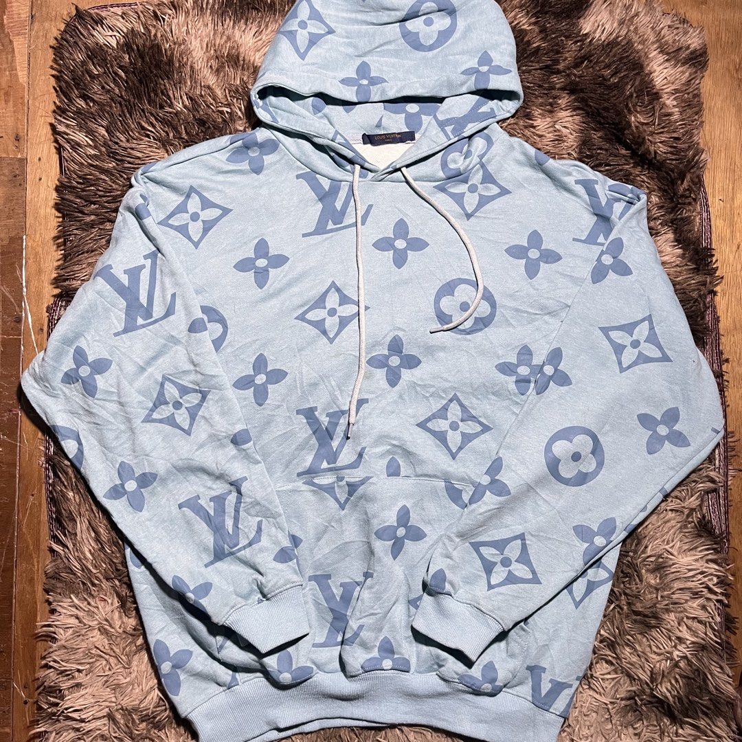Louis Vuitton Monogram Hoodie Light Blue (Category: Coats, Jackets and Outerwear) located in Manila. Submitted by looted2619 (Listing ID 1468357205, Image 1). Description: LOUIE VUITTON AOP Excellent condition Size L color rate: 9.5/10 W 25 L 27 issue:❌ DM FOR MORE DETAILS‼️.