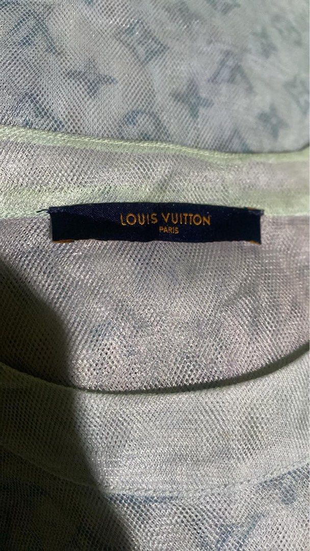 Louis Vuitton Monogram Mesh Layered T-Shirt (Category: Luxury Apparel) located in Bacolod City. Submitted by unkemptrags (Listing ID 1468438005, Image 2). Description: Louis Vuitton monogram mesh layered t-shirt in pastel shades. Size XS, made in Italy. Short sleeve crewneck style with multiple sheer layers. Visible stain on the front chest area. Dry clean only tag inside. Rare runway collectible piece, great for layering. W20.5 L30.5 Issue yello