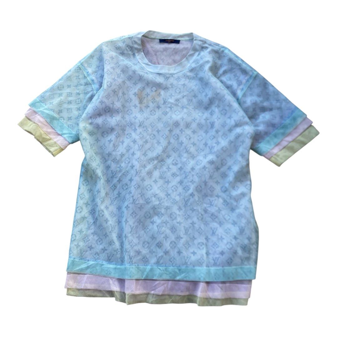 Louis Vuitton Monogram Mesh Layered T-Shirt (Category: Luxury Apparel) located in Bacolod City. Submitted by unkemptrags (Listing ID 1468438005, Image 1). Description: Louis Vuitton monogram mesh layered t-shirt in pastel shades. Size XS, made in Italy. Short sleeve crewneck style with multiple sheer layers. Visible stain on the front chest area. Dry clean only tag inside. Rare runway collectible piece, great for layering. W20.5 L30.5 Issue yello
