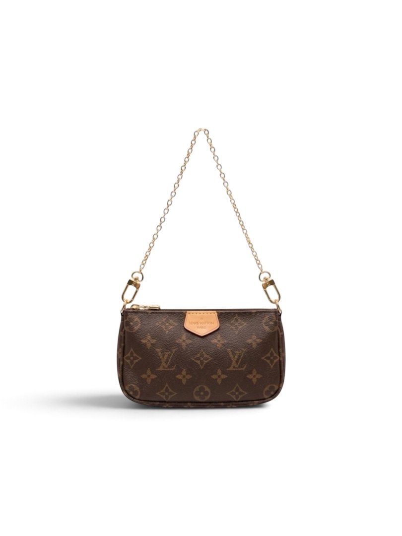 Louis Vuitton Monogram Pochette Accessoires Chain Bag (Category: Luxury Bags & Wallets) located in Alburquerque. Submitted by ukaydecebuofficial (Listing ID 1468330331, Image 1). Description: - Louis Vuitton monogram canvas pouch - Removable chain strap with secure side clasps - Secure top zip closure - Brown textile lining with interior leather brand tag - Compact size, perfect for daily essentials - Condition: Hardware shows minor wear.