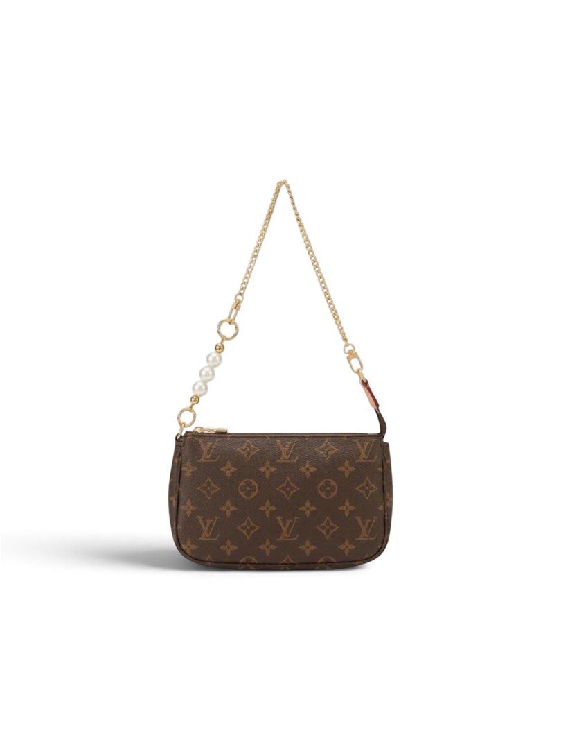Louis Vuitton Monogram Pochette Accessories with Pearl Chain (Category: Luxury Bags & Wallets) located in Alburquerque. Submitted by ukaydecebuofficial (Listing ID 1468331129, Image 1). Description: - Brand: Louis Vuitton Monogram Canvas Pochette - Hardware: Custom gold-tone chain strap accented with elegant faux pearls - Interior: Clean brown textile lining with a convenient flat pocket - Closure: Secure zip-top closure - Details: Features the i