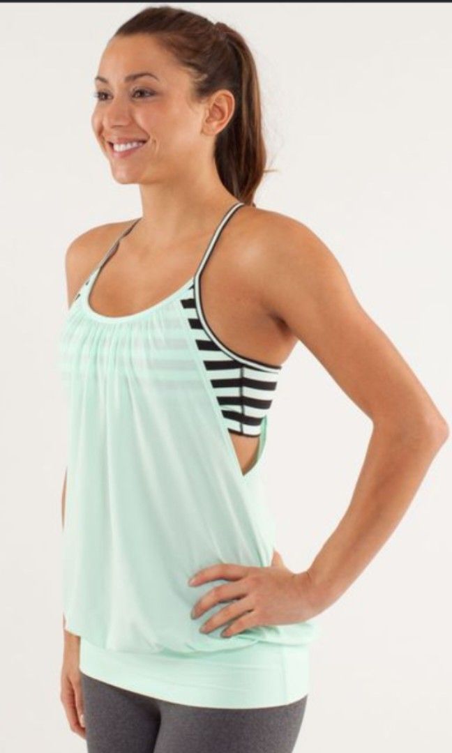 Lululemon No Limits Tank Top (Category: Activewear) located in Cebu City. Submitted by cebuanamomshies (Listing ID 1468284574, Image 2). Description: Size 6 Medium built-in sports bra with a striped design and a loose, airy mesh body Materials: Luon and Circle Mesh Mint Moment / Sea Stripe Mint Moment Black color way the thin straps and racerback cut allow you to twist with ease removable cups add shape and give coverage the wide band around the 