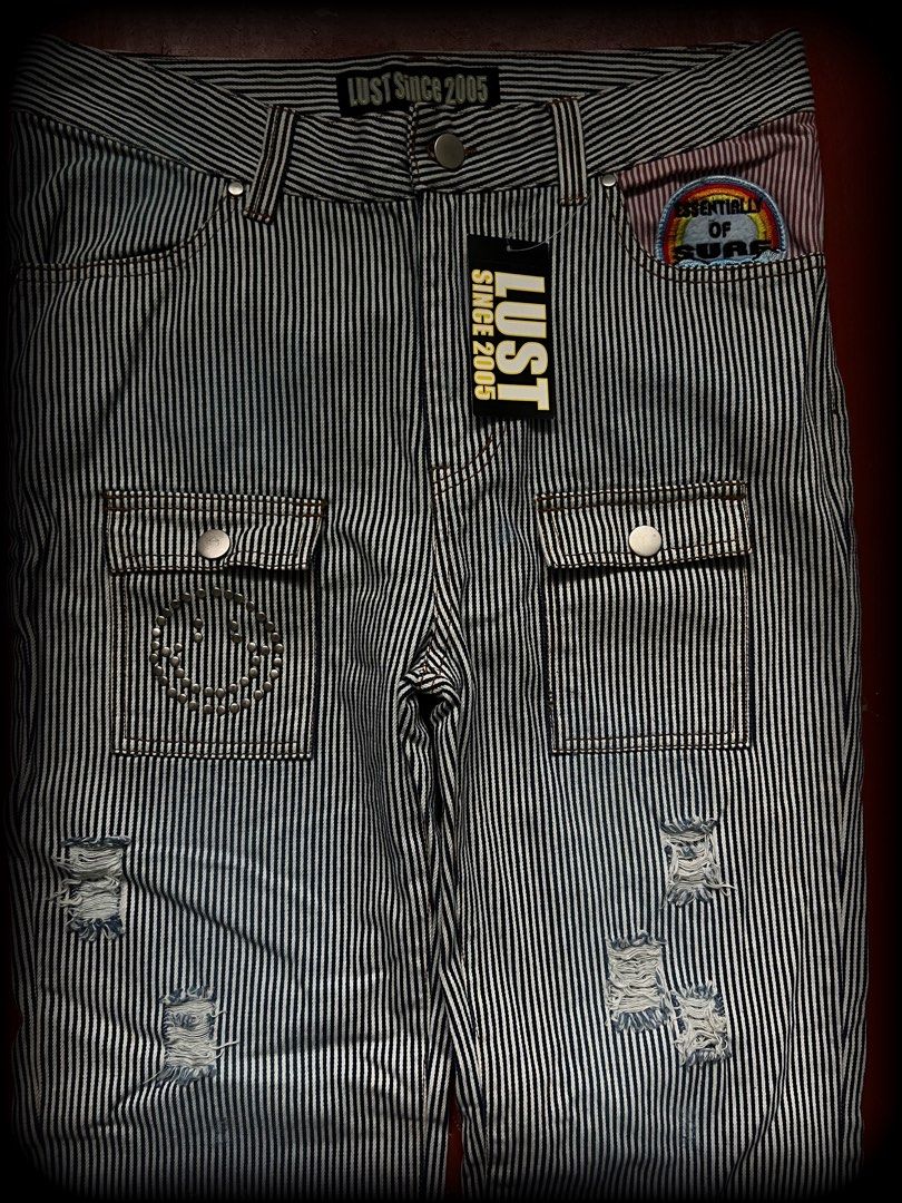 LUST SINCE 2005 (Category: Jeans) located in Lucena. Submitted by proxyhere (Listing ID 1468437737, Image 2). Description: LUST SINCE 2005 Smiley Studds, Stripe Pants, Distressed with hangtag deadstock condition. size 32 thighs 9 knee 8 leg op 8.5 length 41.