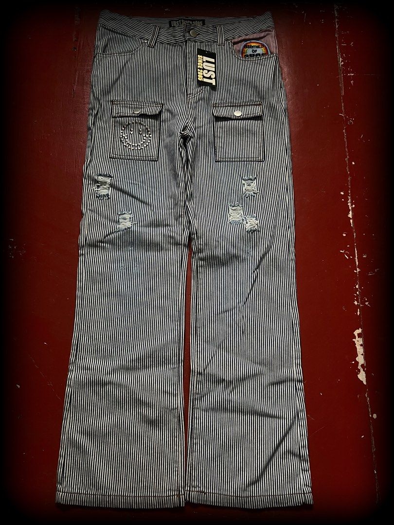 LUST SINCE 2005 (Category: Jeans) located in Lucena. Submitted by proxyhere (Listing ID 1468437737, Image 1). Description: LUST SINCE 2005 Smiley Studds, Stripe Pants, Distressed with hangtag deadstock condition. size 32 thighs 9 knee 8 leg op 8.5 length 41.