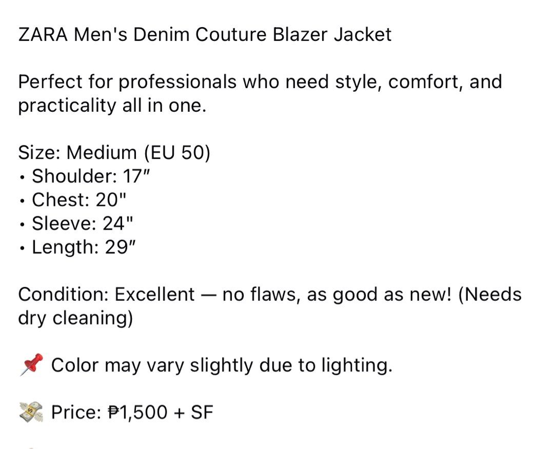 (M) ZARA Men's Comfort Blazer Jacket (Category: Coats, Jackets and Outerwear) located in Bulacan. Submitted by cavalieeeer (Listing ID 1468305829, Image 2). Description: 𝗣𝗟𝗘𝗔𝗦𝗘 𝗥𝗘𝗔𝗗 𝗧𝗛𝗘 𝗗𝗘𝗧𝗔𝗜𝗟𝗦 𝗜𝗡 𝗧𝗛𝗘 𝟮𝗡𝗗 𝗣𝗜𝗖𝗧𝗨𝗥𝗘! We base sizing on actual measurements, not tag size — please check the dimensions before buying! 📌 Prices are fixed. Unreasonable offers will not be entertained. 🌐 Facebook Page: Cavalier 📍 Location