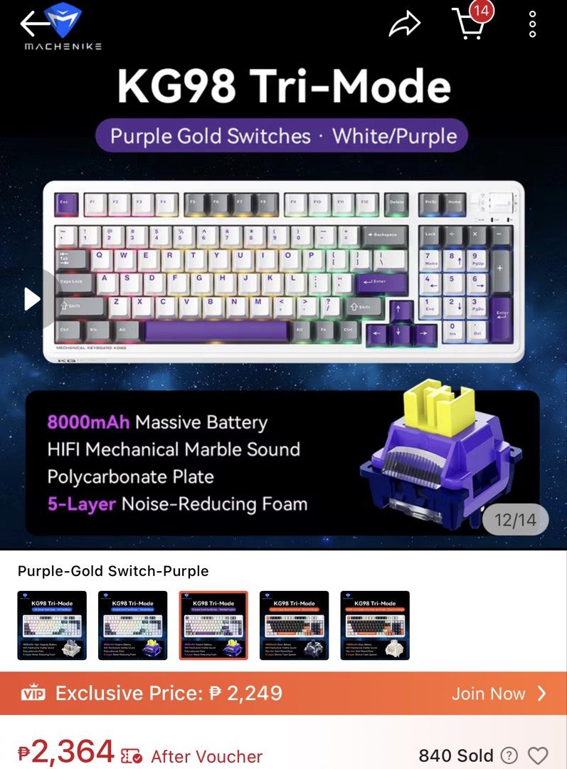 Machenike KG98 Tri-Mode Mechanical Keyboard White Purple (Category: Computer Keyboard) located in Kawit. Submitted by wevibevintage (Listing ID 1468434485, Image 1). Description: Machenike KG98 tri-mode mechanical keyboard in white and purple colorway. Purple gold switches, massive 8000mAh battery, polycarbonate plate, and 5-layer noise-reducing foam. Full-size layout with numeric keypad and arrow keys. Wireless connectivity options via Bluetooth