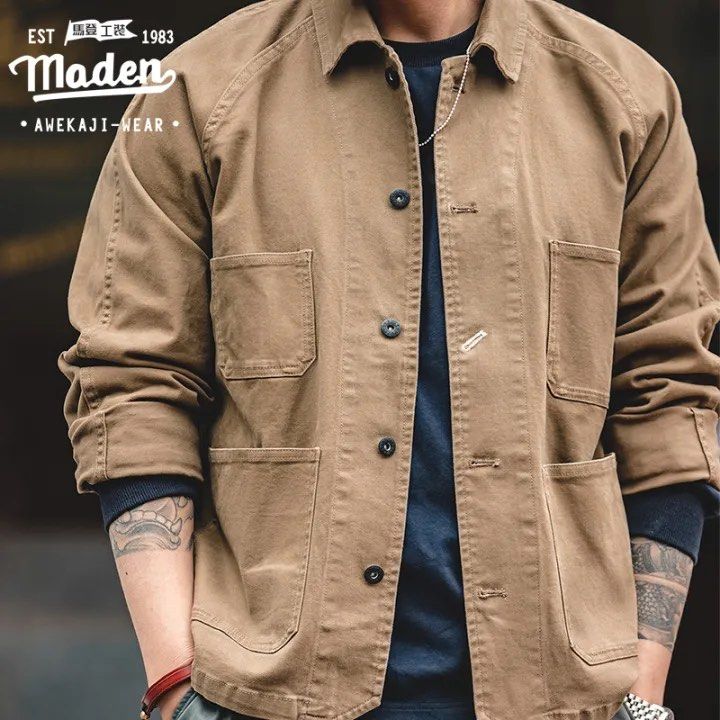 MADEN Clothing Workwear American Retro Buckl-Back Chore Jacket (Category: Coats, Jackets and Outerwear) located in Puerto Princesa. Submitted by terdsthrift (Listing ID 1468424708, Image 2). Description: MADEN Clothing Workwear American Retro Buckle-Back Chore Jacket Width: 22 Length: 26.5 Shoulder: In Good Condition / No Issue Color Rate: 9/10 - Brand: Maden - Style: Classic chore coat / work jacket - Color: Brown canvas - Details: Multiple fron