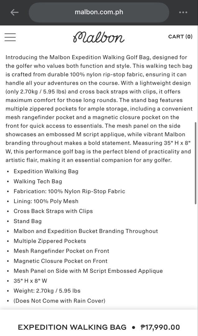 Malbon Expedition Walking Bag Golf Bag (Category: Golf) located in Makati City. Submitted by keiiiiichan (Listing ID 1468300237, Image 3). Description: - Brand new with plastic and box *Retails for Php 17, 990 Malbon PH Site.