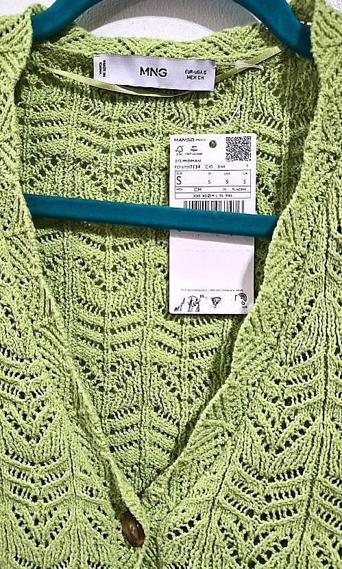 Mango Green Open Knit Cardigan Size S (Category: Coats, Jackets and Outerwear) located in Quezon City. Submitted by curatedbymissgee (Listing ID 1468324258, Image 3). Description: - Brand: Mango - Size: S (Standard fit) - Condition: Brand new with original tags attached (Never worn) - Color: Bright lime / chartreuse green - Material: Lightweight, breathable open knit - Features: V-neckline, front button closure with tortoise shell buttons, scallo