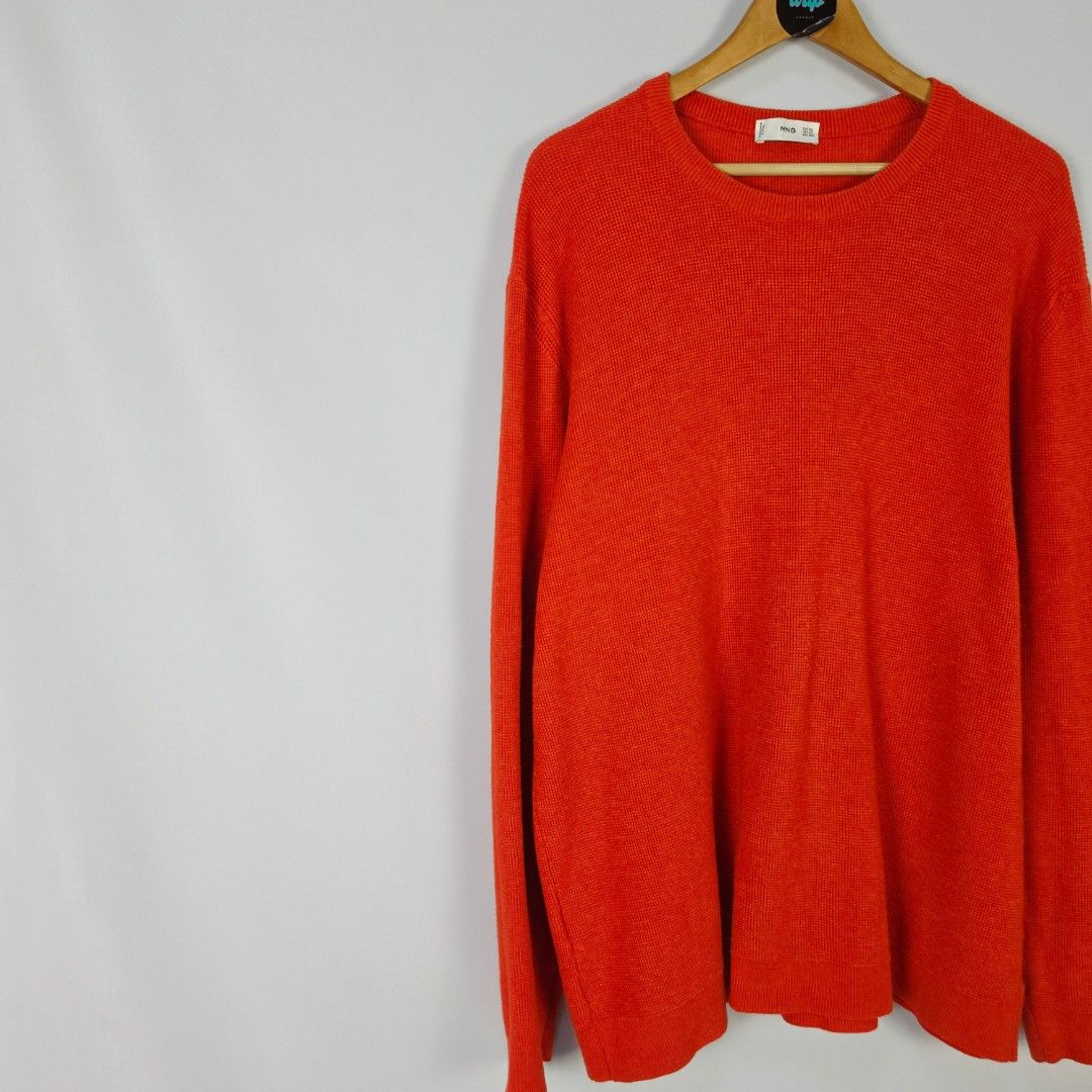 Mango Orange Knitted Sweatshirt (Category: Coats, Jackets and Outerwear) located in Pasig City. Submitted by driplocale (Listing ID 1468313590, Image 3). Description: Mango Orange Knitted Sweatshirt Condition 9.5/10 (Pristine Condition✨) Size: 2XL Chest Width: 25inches Shoulder Width: 22inches Length (Shoulder to Hem): 30inches.