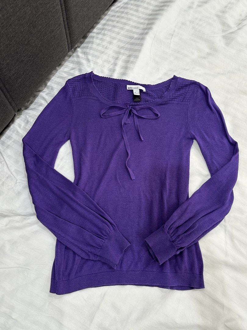 MNG Mango Purple Knit Sweater | violet jumper basic ribbon (Category: Longsleeves) located in Balanga. Submitted by cartsabeli (Listing ID 1468347727, Image 1). Description: Size small on tag. Fits xxs-small. ₱350 + sf mop: gcash/maya mod: j&t.