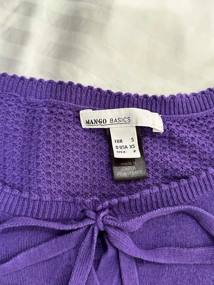 MNG Mango Purple Knit Sweater | violet jumper basic ribbon (Category: Longsleeves) located in Balanga. Submitted by cartsabeli (Listing ID 1468347727, Image 2). Description: Size small on tag. Fits xxs-small. ₱350 + sf mop: gcash/maya mod: j&t.