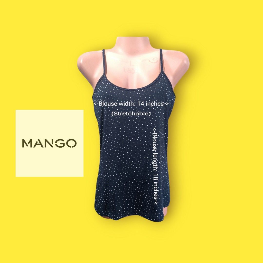 Mango Womens Dark Blue Micro Dot Design Stretchable Tank- top (Category: Sleeveless) located in Bacoor. Submitted by nineties_kid (Listing ID 1468463398, Image 1). Description: <==• Mango Womens Dark Blue Micro Dot Design Stretchable Tank- top Brand-new Color: Dark Blue Size: Small Blouse length: 18 inches Blouse width: 14 inches (Can expand up until 18 inches) _________________ ▶LBC Cash on Pick-up (C.O.P) Offer nation-wide delivery, as long as 