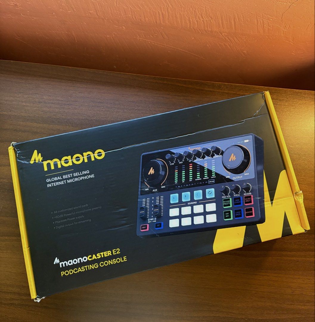 MaonoCaster E2 Podcasting Console Audio Mixer (Category: Microphones) located in Caloocan City. Submitted by gabrielcorpuz_07 (Listing ID 1468311419, Image 2). Description: - Product: MaonoCaster E2 Audio Interface & Podcast Console - Color: Sleek Black - Condition: like new, and packed in original packaging - Features: Customizable sound pads, rotary volume controls, and phantom power support - Inclusions: Original box, user manual, and connecti