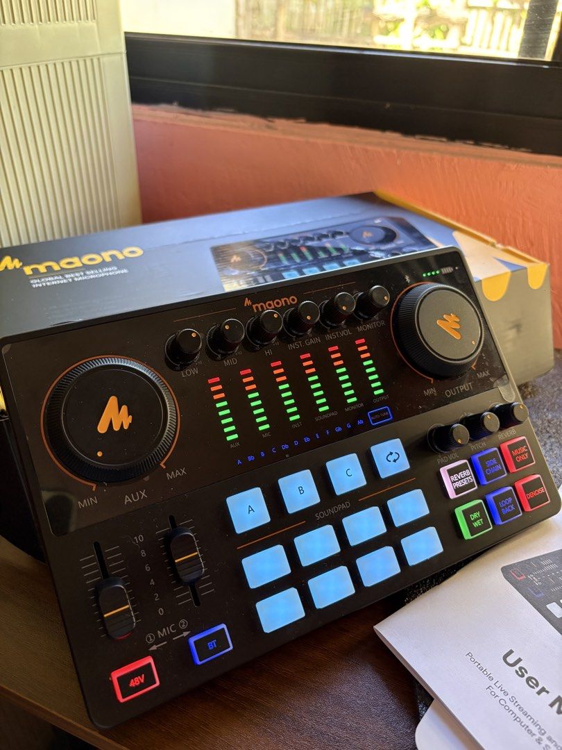 MaonoCaster E2 Podcasting Console Audio Mixer (Category: Microphones) located in Caloocan City. Submitted by gabrielcorpuz_07 (Listing ID 1468311419, Image 1). Description: - Product: MaonoCaster E2 Audio Interface & Podcast Console - Color: Sleek Black - Condition: like new, and packed in original packaging - Features: Customizable sound pads, rotary volume controls, and phantom power support - Inclusions: Original box, user manual, and connecti