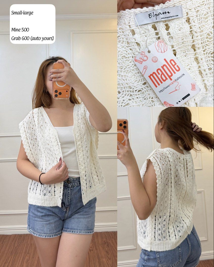 Maple White Crochet Vest Cardigan (Category: Coats, Jackets and Outerwear) located in Manila. Submitted by angelll0123 (Listing ID 1468450433, Image 1). Description: - Brand: Maple - Condition: Brand new with tags attached - Color: White - Material/Style: Open-work crochet knit pattern, sleeveless, open front, ribbed hem - Fit: Comfortably fits small to large frames - Versatility: Great layering piece for basic tops and dresses.