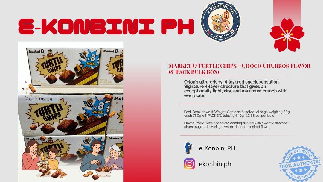 Market O Turtle Chips Choco Churros Bulk Box (Category: Packaged & Instant Food) located in Quezon City. Submitted by jcn27 (Listing ID 1468291531, Image 2). Description: - Product: Market O Turtle Chips (Choco Churros Flavor) - Quantity: Bulk box containing 8 individual 80g packs (Total: 640g) - Texture: Orion's signature 4-layered ultra-crispy snack structure - Taste: Rich chocolate coating dusted with sweet cinnamon churro sugar - Condition: B